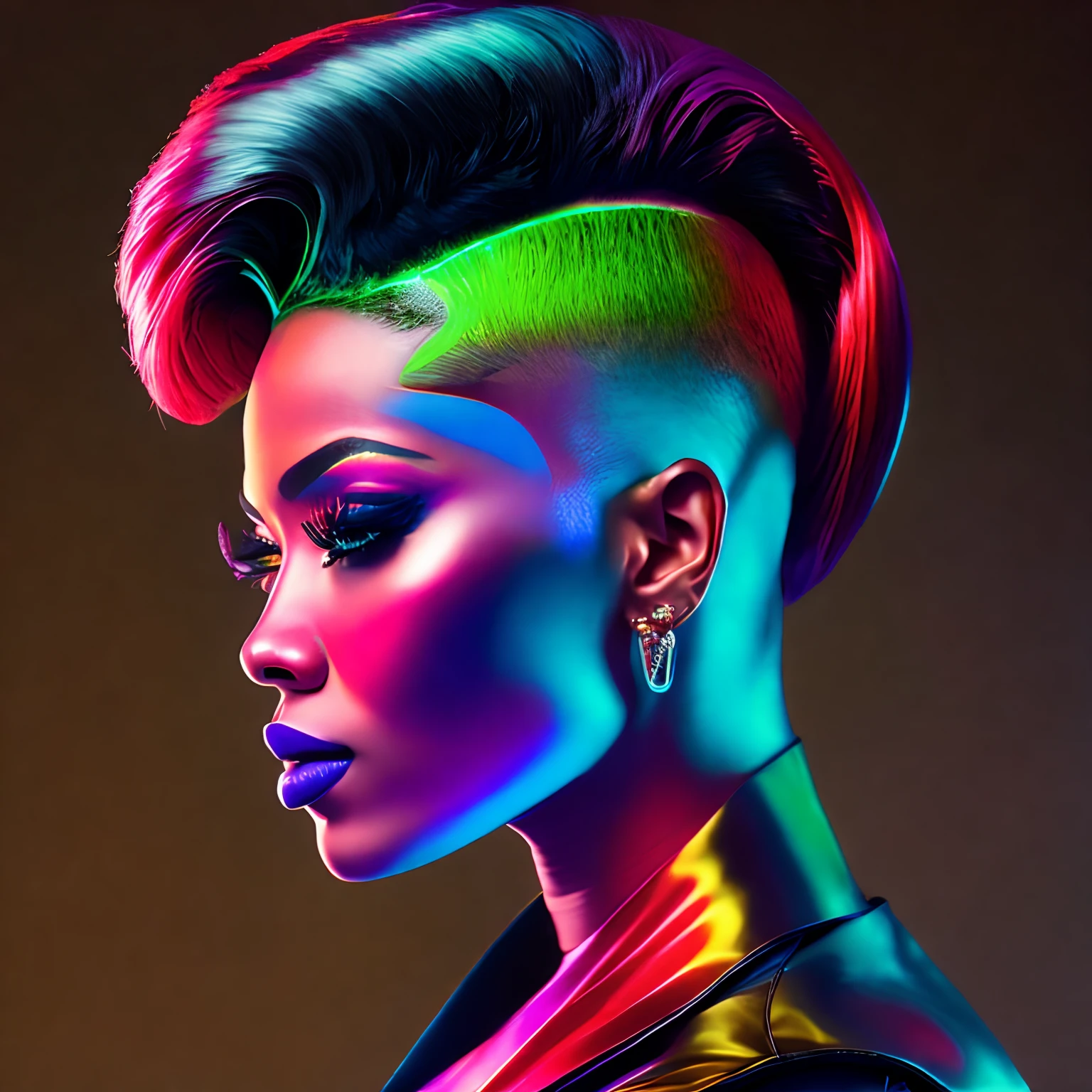 an AFRICAN woman a pair of glasses, Well cut conical hair well shaved on the sides style a madness in the 90's piece, brincos, Colorful Trackextura latex jacket, glamour da cor do retrato, retrato colorido detalhado, retrato de alta qualidade, cor neon sangrar, Retrato colorido, color studio portrait, cores ultravioleta e neon, full-colour illustration, cores vibrantes hiper realismo, cores neon vibrantes, pop e cores vibrantes, moda colorida, cor neon, cor estilo cyberpunk, iridescent illustration(best quality,alto,ultra-detalhado,Realistic:1.37),retrato,personagem feminina,red latex military jumpsuit,(encaixe apertado,recuado,preciso,elaborar),Solid Bottom Shaved Side Hair Short Top, corte de cabelo preto pixie undercut, cabelos naturais, cabelos cacheados e curtos, laterais raspadas, short hair on sides of head, cabelo preto curto com gel, corte de cabelo de cortina curta preta, cabelo curto preto encaracolado, contornos definidos suaves