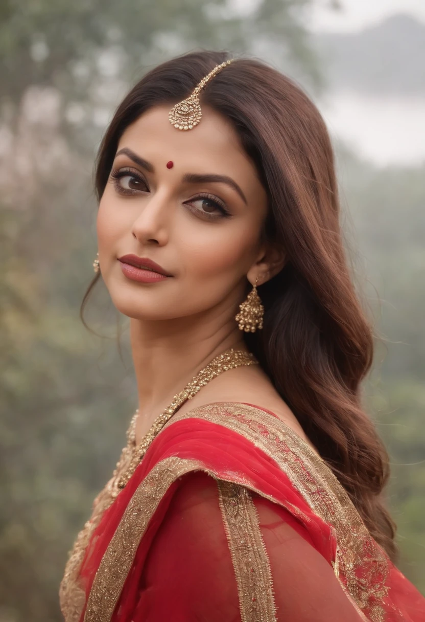 A cross between Aishwarya Rai Bachchan and Mila Kunis. Age 23, Fair indian skin, 36dd silicone , dress size 4. Full body view. Wearing a red and gold sari , dancing in the rain, low angle, breathtaking beauty, vibrant, cinematic, 8k, clear realistic eyes, fog background