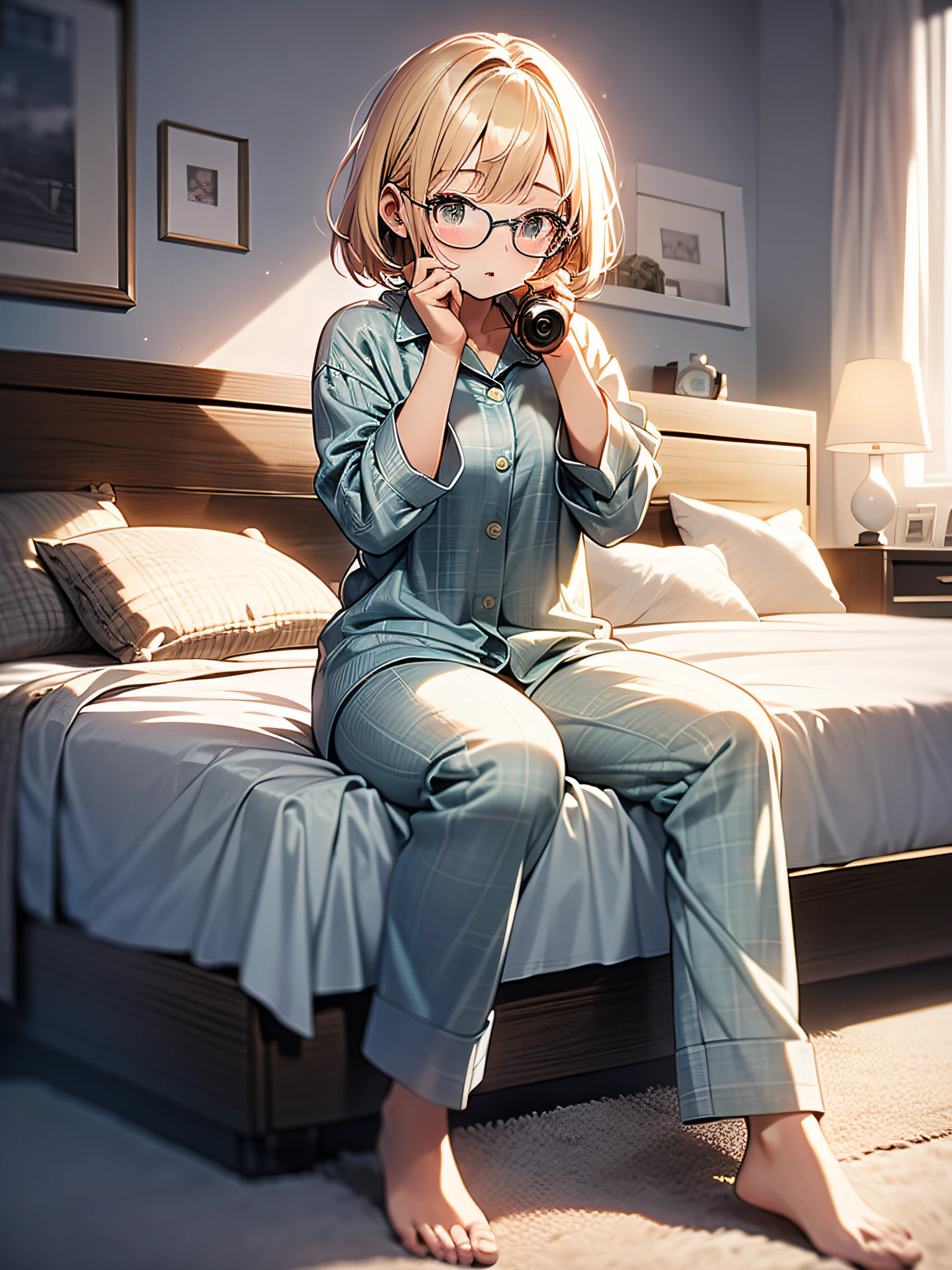 in 8K、top-quality、​masterpiece、ultra-detailliert、Ultra-high resolution、((1 persons))、girl with、a blond、a short bob、Ragged hair、Big round lens glasses、Plaid pajamas、Sit on the bed、((sleepy))、yawns、natta