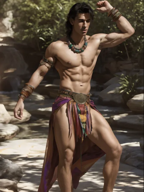 handsome 18 year old male belly dancer, (twink:1.0), slender build, dark wavy hair, holding a colorful chiffon with tassels, wearing colorful bellydance outfit, wearing elaborate necklace, wide bracelet, wide anklet, belt of coins, wide decorative band aro...