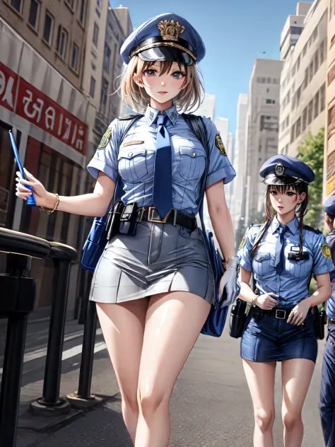 1 woman, policewoman, police uniform, blue short sleeved shirt, necktie, miniskirt, belt, white gloves