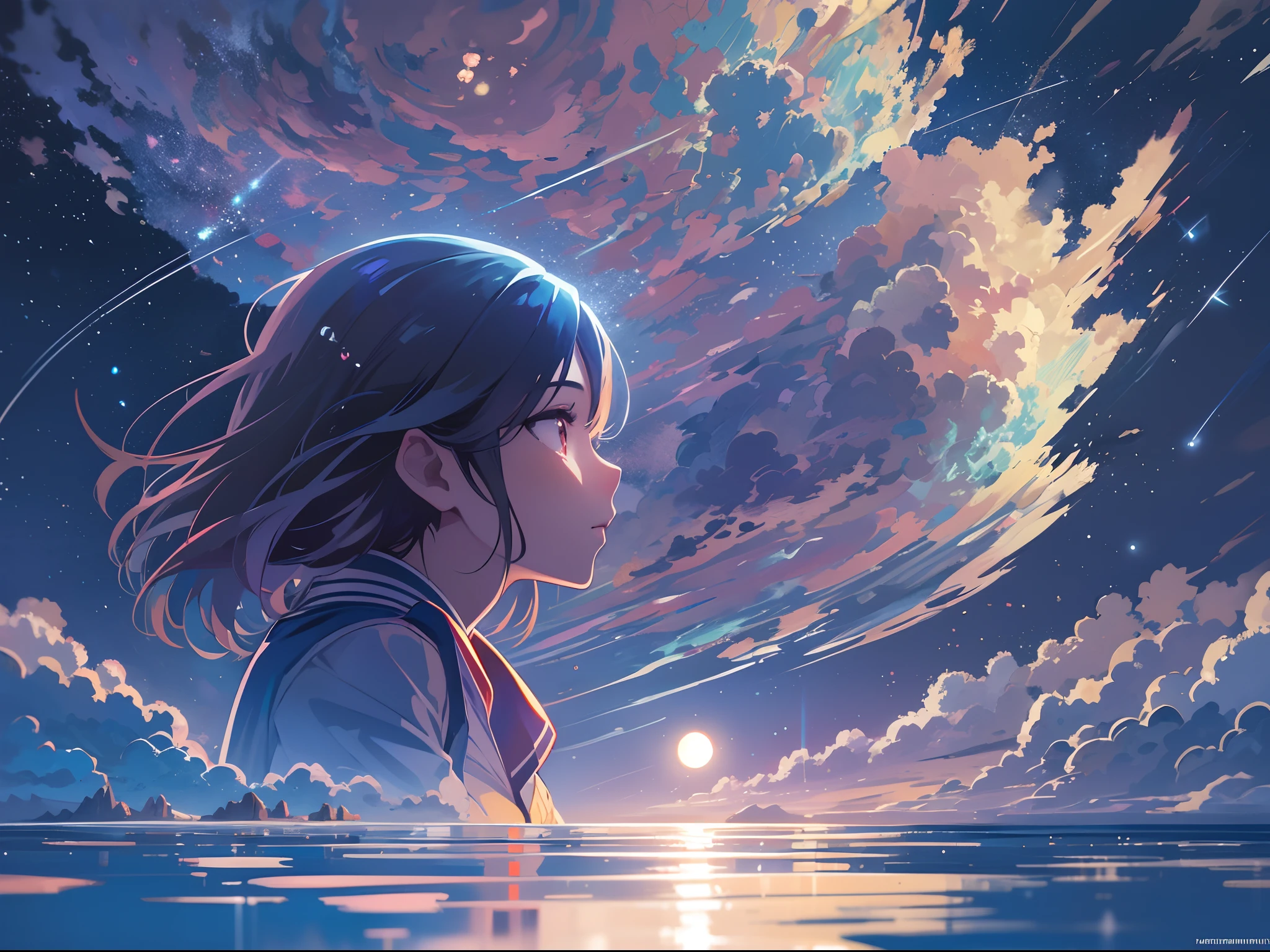 Anime girl looking at the moon in the sky - SeaArt AI