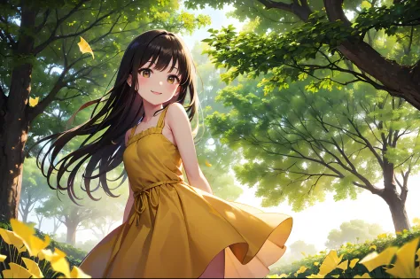 Rows of yellow ginkgo trees　Gingko leaves flutter in the wind(a picture)　beautiful  Girl　Light blue long hair、Twin-tailed、adorable smiling、Long yellow and brown dress swaying in the wind、Bigger in the center、Master Pieces、Looking at the camera、face lights