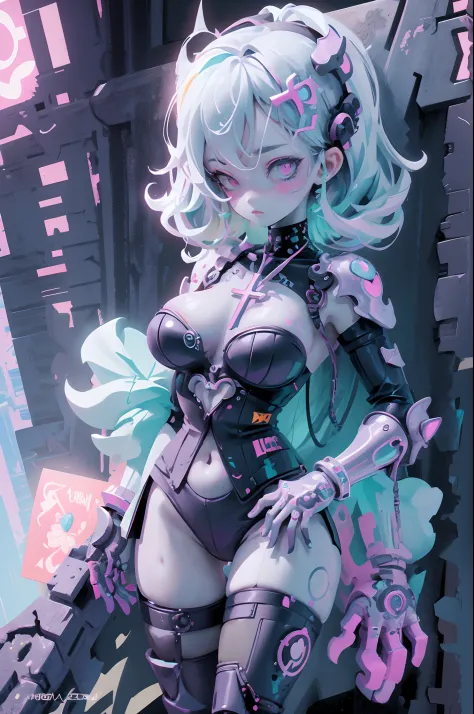 a woman in a corset and a cross on her chest, colorful concept art, rossdraws cartoon vibrant, holy cyborg necromancer girl, anime cyberpunk art, neon armor, cyberpunk art style, holy armor, rossdraws pastel vibrant, jen bartel, inspired by Victor Mosquera...