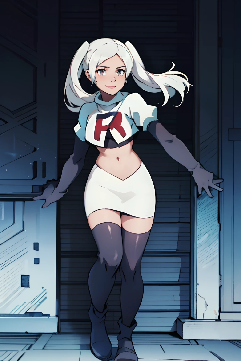 robin fe, rocket,team rocket uniform, red letter R, white skirt,white crop top,black thigh-highs,black elbow gloves, white hair, confident smile