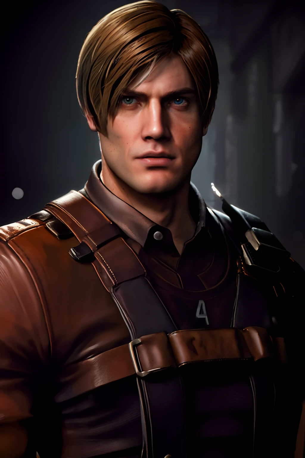 photo portrait of man, best quality, Lighter beard, round pupil, re4 Leon Kennedy, serious, mature