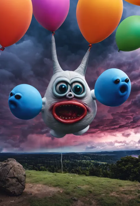 realistic photo of a huge ab0m Heffalumps and Woozles, balloons, surreal clouds night, terrifying, scary many eyes, vibrant colors, detailed high resolution 8k high saturation