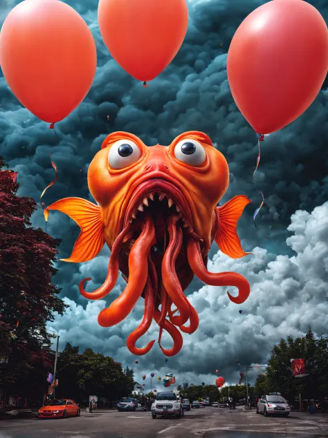 realistic photo of a huge (ab0m) goldfish, balloons, tentacles terrifying clouds night, scary many eyes, surreal, vibrant colors, detailed high resolution 8k high saturation