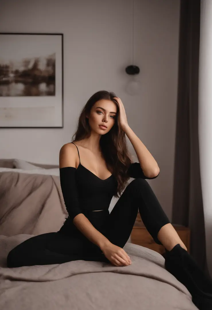 Arafed woman with black clothes, sexy girl with brown eyes, Portrait Sophie Mudd, brown hair and big eyes, selfie of a young woman, Bedroom eyes, Violet Myers, without makeup, natural makeup, looking straight at camera, Face with Artgram, Subtle makeup, St...