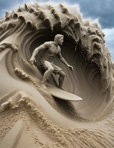 in a sand sculpture style,  surfer conquering a towering wave during a storm, water splashing and foam swirling in the air.