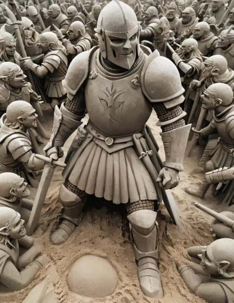 In a sand sculpture style,  A knight in shining armor facing down a horde of goblins.