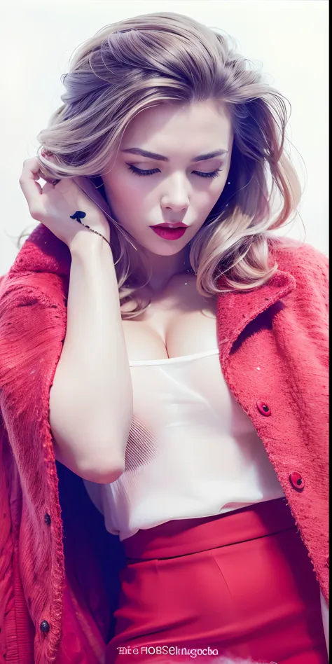 Arapedd image of a woman in a red jacket and white top, glossy magazine photoshoot, Vogue magazine photo shoot, Inspired by Emma Ríos, Faint red lips, Pink and red color style