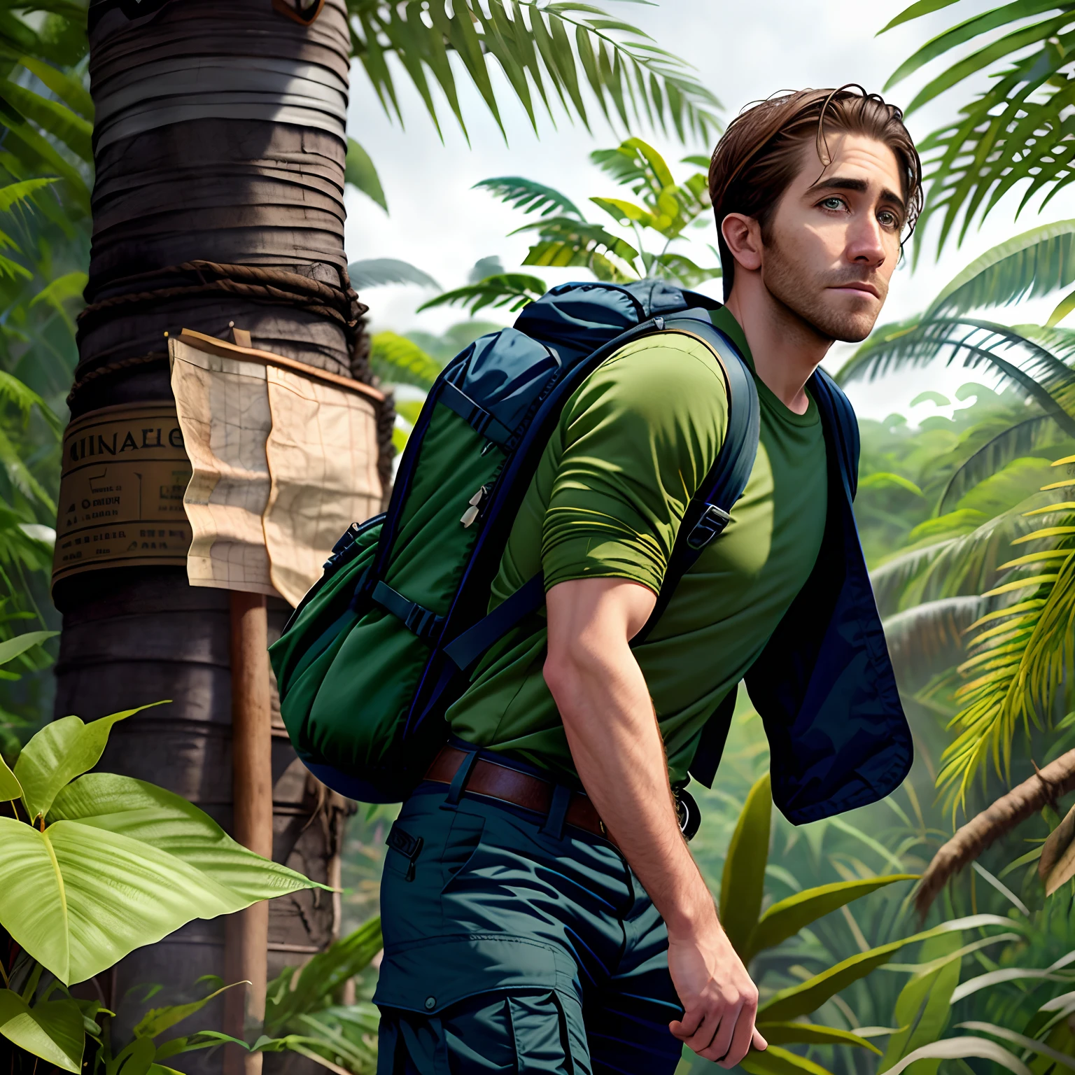 Jake Gyllenhaal Wearing explorer's clothing, with a sturdy long-sleeved shirt, cargo pants. He carries a backpack with research equipment and an old map. Realistic image, jungle background