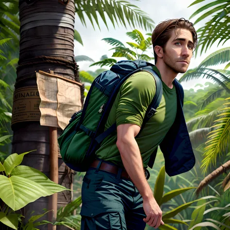 Jake Gyllenhaal Wearing explorer's clothing, with a sturdy long-sleeved shirt, cargo pants. He carries a backpack with research ...