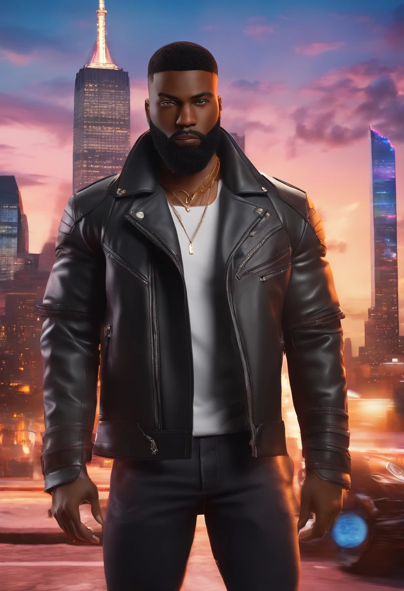 A man in a leather jacket standing in front of a city - SeaArt AI