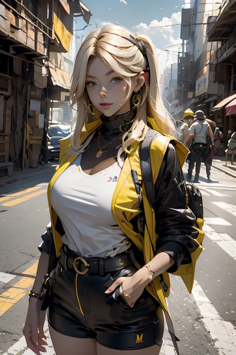 best quality, highres, solo, blonde hair, a female character is wearing a yellow and black colored outfit with a backpack and a ...