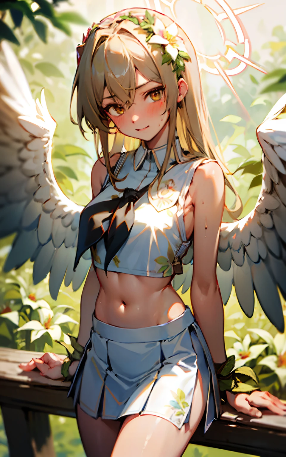 (Original Character、Unity 16K wallpaper, Masterpiece, Best quality, Ultra-detailed, Extremely detailed CG, Caustics, Cinematic lighting, Detailed, Brown eyes，Angel wings，angelic halo，Floral headdress，Beautiful detailed eyes, NSFW:1.8, Solo、Oily skin、18yr old), 超高分辨率, Fine skin, (Clothes writing, Crop top, Sleeveless shirt, midriff, Miniskirt, Pleated skirt), (Strong light)、((Illuminate the subject))、Sun Visor、Looks hot、Sweaty shirt、Angry、Solid green green background