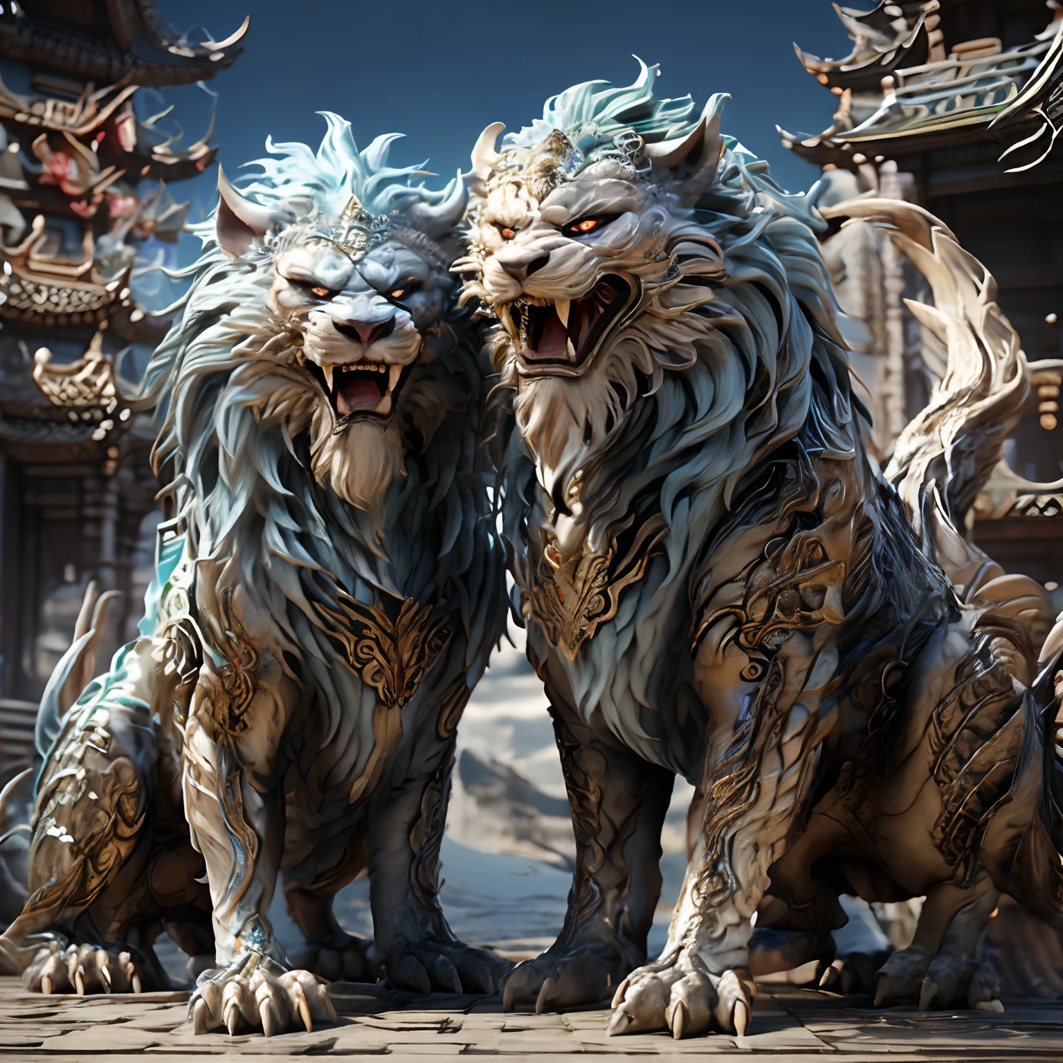 pareja de perros foo, a la entrada de un templo，Imagen ultra HD。
