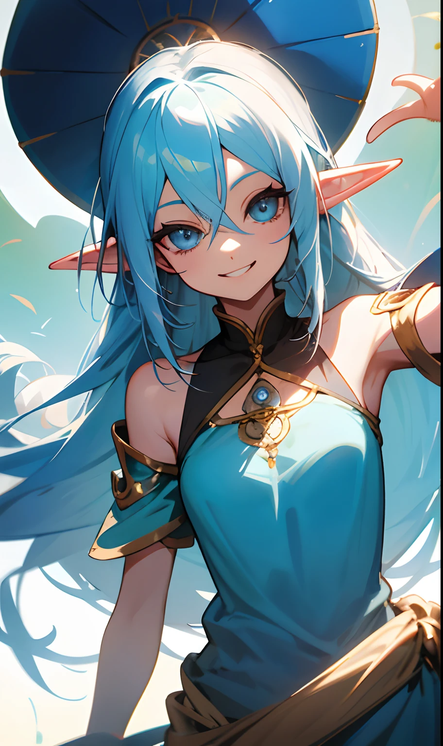 femele, kind, funny, Beautiful, looking after, Long blue hair, Smile like the sun, Wearing clothes that are shoulder-to-shoulder, Blue eyeball、Cheerful atmosphere，elvish,Spiteful smile，frontage