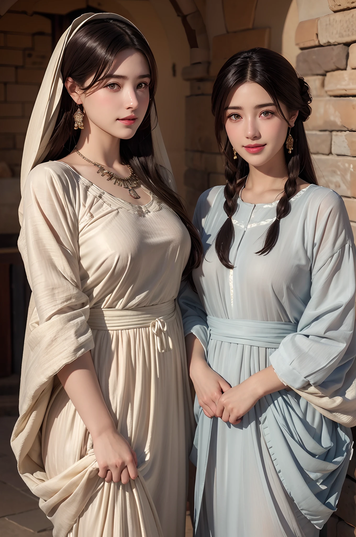 high quality, ultra-realistic, closeup portrait of two Beautiful women of ancient Mesopotamia, full body, ancient Mesopotamian civilization, Babylonia, Uruk, tunics of various lengths, linen garments, agate necklaces, paisley clothing, Kaunakes, bronze ware, a little smile, high adobe walls, luminism, 3d render, octane render, cinematic, Isometric, awesome full color, 8K Ultra HD, by yukisakura, high detailed,