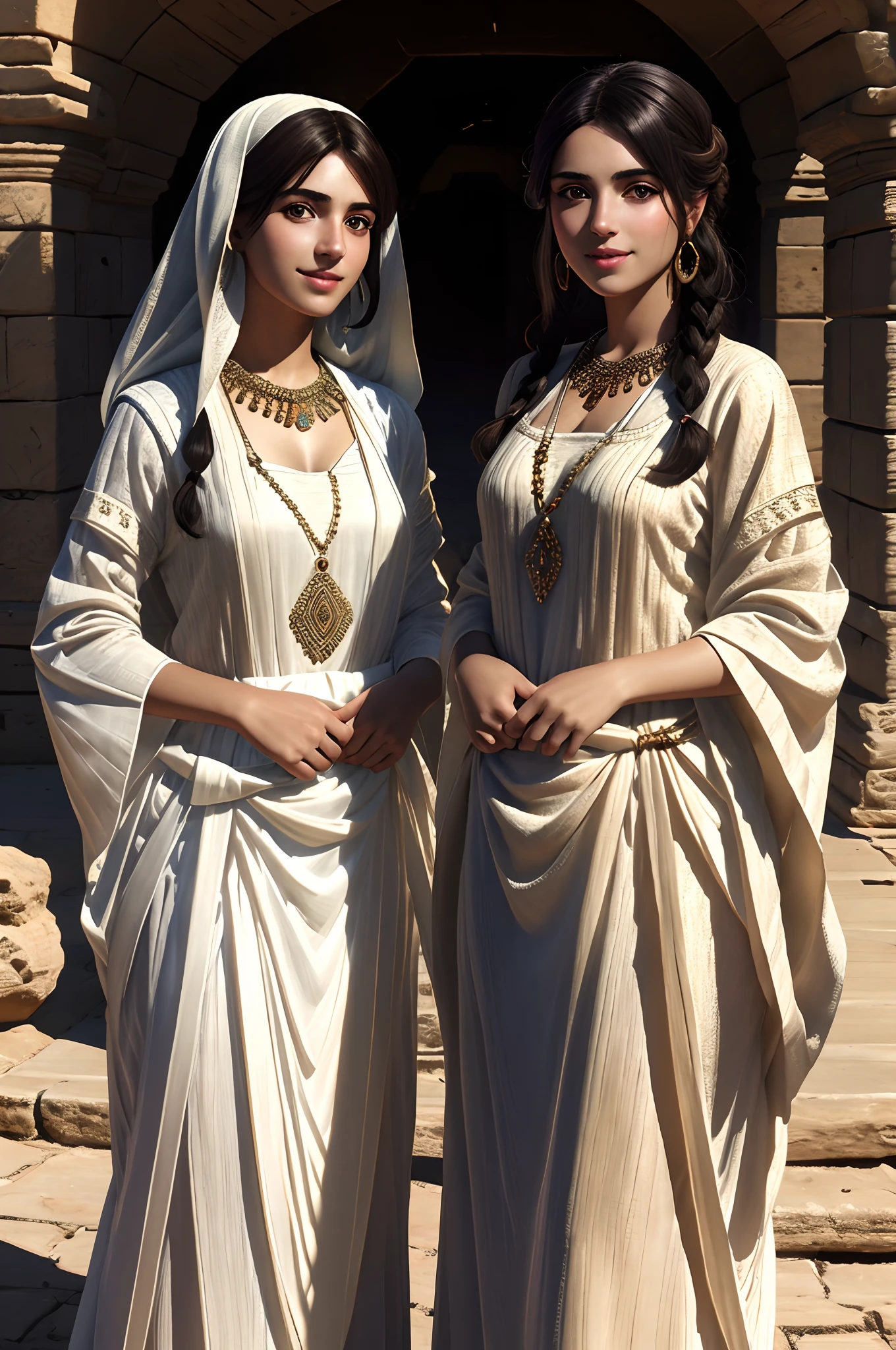 high quality, ultra-realistic, closeup portrait of two Beautiful women of ancient Mesopotamia, full body, ancient Mesopotamian civilization, Babylonia, Uruk, tunics of various lengths, linen garments, agate necklaces, paisley clothing, Kaunakes, bronze ware, a little smile, high adobe walls, luminism, 3d render, octane render, cinematic, Isometric, awesome full color, 8K Ultra HD, by yukisakura, high detailed,