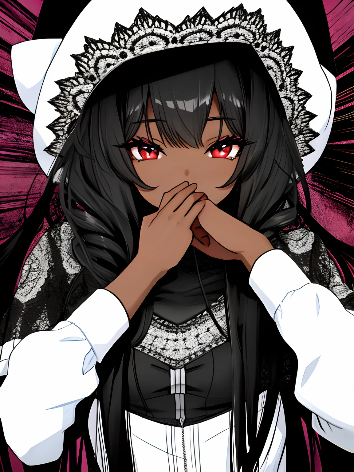 Chica anime con cabello negro, vestido blanco y ojos rojos. - SeaArt AI