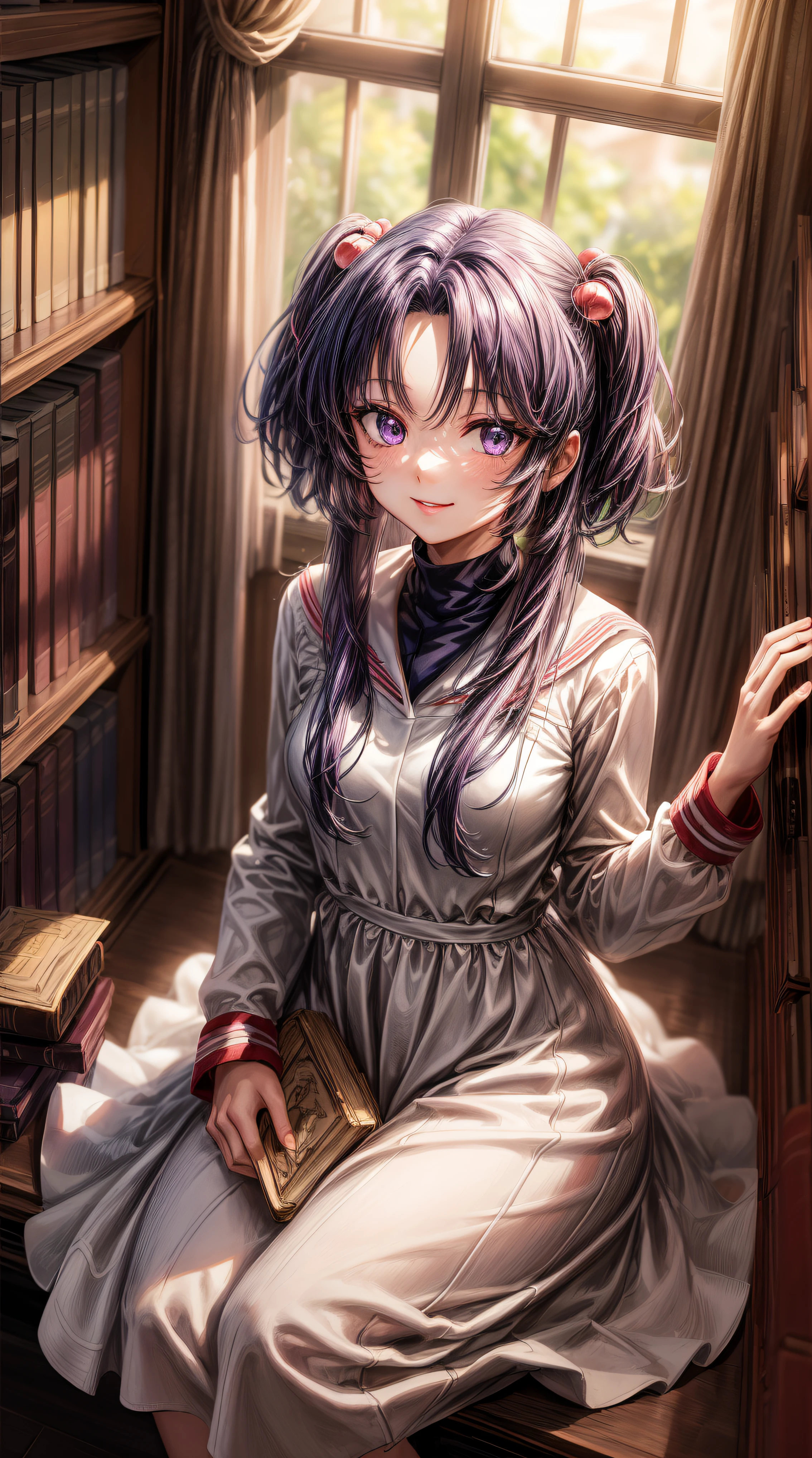 anime art, (masterpiece, best quality, perfect face, highest detailed face, colorful), 1girl. (((Kotomi))), face focus, full body, (((white dress:1.2))), purple hair, purple eyes, slight smile, beautiful eyes, looking at viewer, library at background, sunlight passing through hair, (extreme detailed, intricate details)