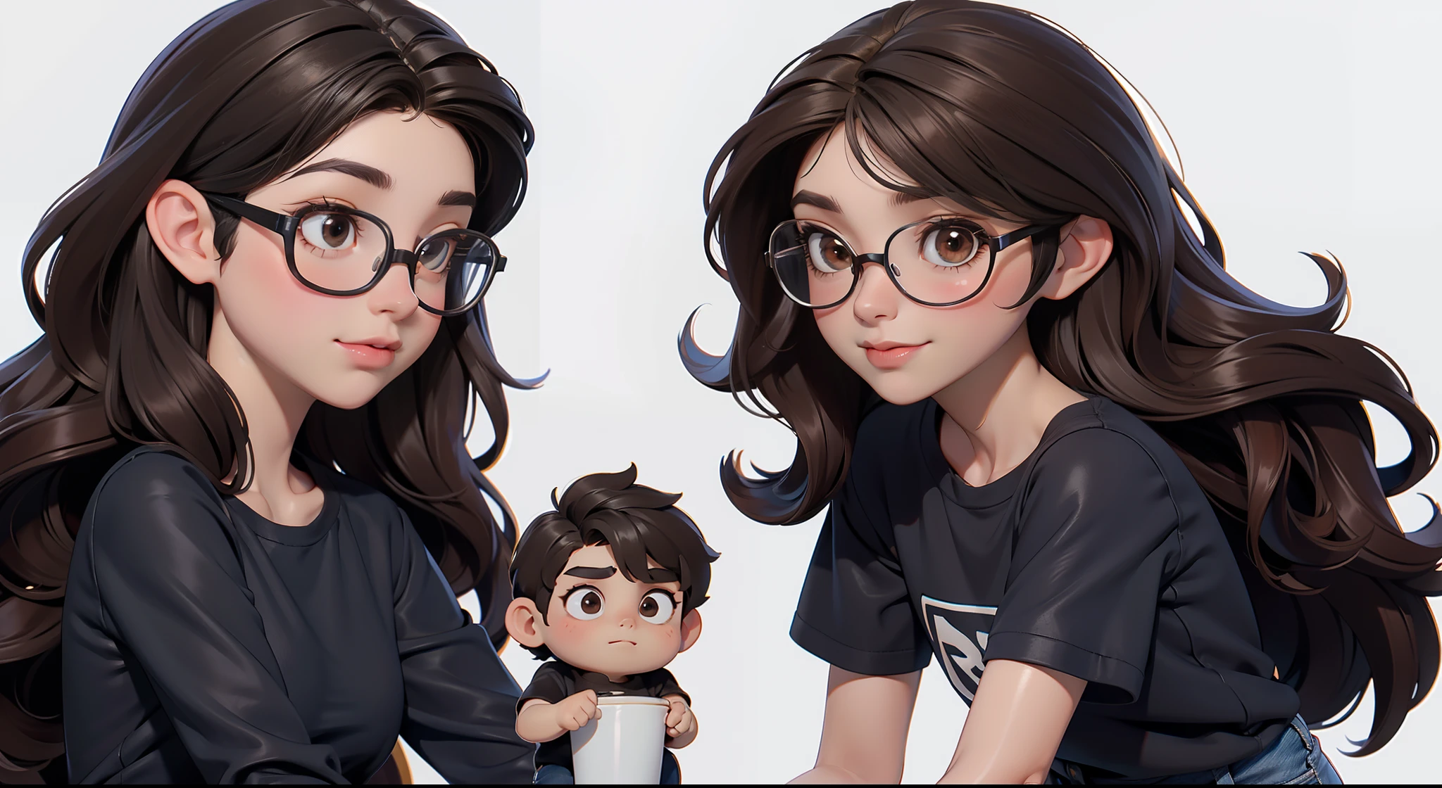 2 characters in a scene, The first character: Boy with wavy brown hair, Black T-shirt, Jeans, dark brown eyes, long eyelashes; The second character: Girl with long brown disheveled slightly wavy hair, Large shiny dark brown eyes, long eyelashes, eyeglasses, beatiful face, She wears a loose white shirt, Jeans; Talk to each other,whitebackground, Disney Pixar's cartoon style