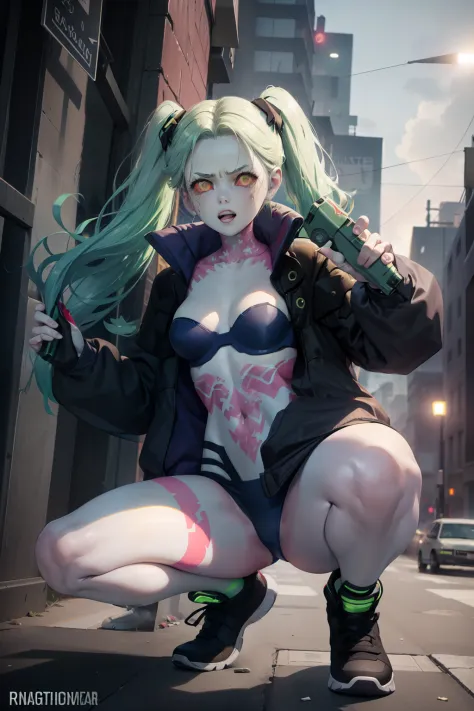 Rebecca, 1girl, green hair, white skin, twintails, colored sclera, red sclera, bra, panties, black jacket, artificial eye, black sneakers, perfect anatomy, solo, surrounded by zombies, post apocalyptic city, fighting stance, holding weapons