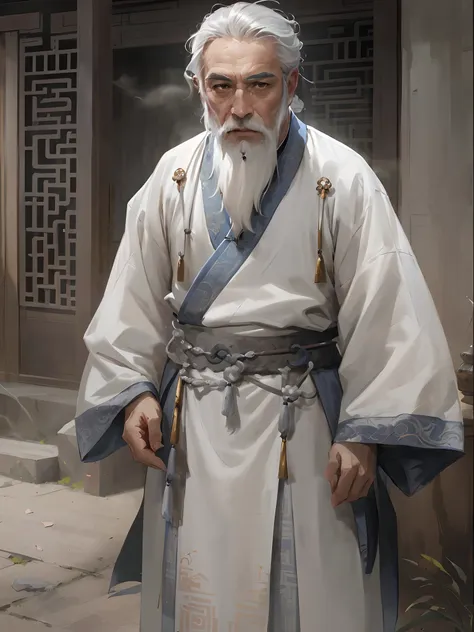 man in white robe and grey beard, inspirado por hu zaobin, inspirado por cao zhibai, inspirado por dong yuan, inspirado por wu d...