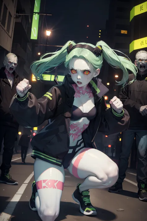 Rebecca, 1girl, green hair, white skin, twintails, colored sclera, red sclera, bra, panties, black jacket, artificial eye, black sneakers, perfect anatomy, solo, zombie, multiple boys, crowd, glowing eyes, undead, horror \(theme\), fighting stance, masterp...