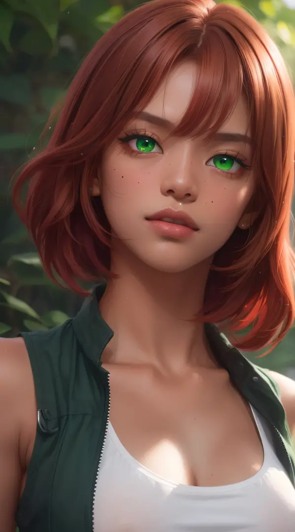 lipbite, (dark tanned skin:1.5), (underboob:1.2), (((1woman))), (short red hair:1.2), (the most beautiful green eyes:1.2), (tomb...