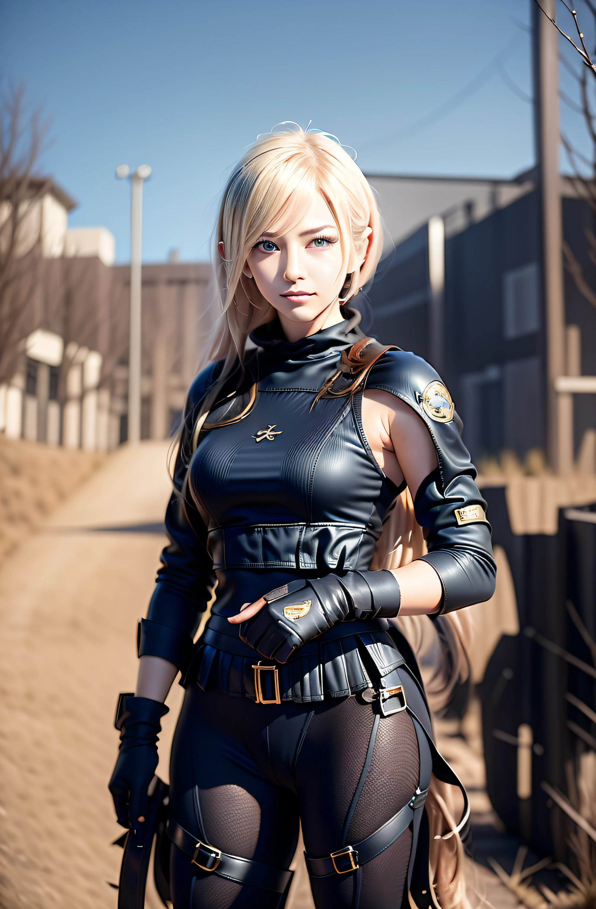 светловолосая женщина,(короткие белые волосы), в черной одежде с огнестрельным оружием, является ((Арма Лонга Снайпер)), Джетстрим Сэм из Metal Gear, гламурная Джилл Валентайн, стиль игры Square Enix, Тифа Локхарт с седыми волосами, 2б, 2 б, компьютерная игра, вдохновленный Ленг Мэй,  с короткими белыми волосами, тихий из металлического механизма, прочный, Сакимичан, Реальный стиль игры Enix Square. лучшая фотография, тактическая одежда.