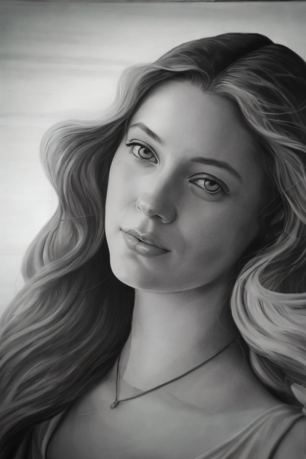 A closeup of a woman with long hair and a necklace, realistic female portrait, Detailed beauty portrait, Beautiful detailed portrait, Realistic portrait, Realistic and detailed face portrait, Detailed Matte Fantasy Portrait, High detail portrait, Realistic digital drawing, Detailed face portrait, Highly detailed portrait, detailed illustration portrait, girl portrait, photorealistic portrait, photorealistic portrait, rendering of close up portrait,birth of venus, oil style dough