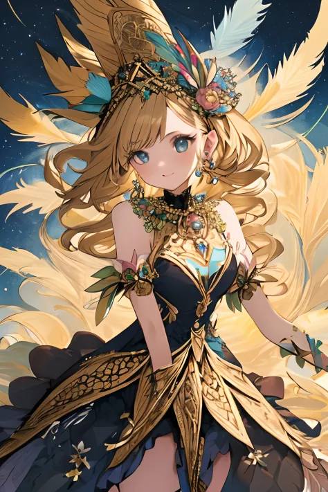 A girl with small breasts, bare shoulders, golden hair, colored feathers, metal ornaments, colored flowers, particles, light ray...