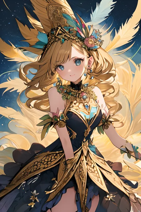 a girl with small breasts, bare shoulders, golden hair, colored feathers, metal ornaments, colored flowers, particles, light ray...