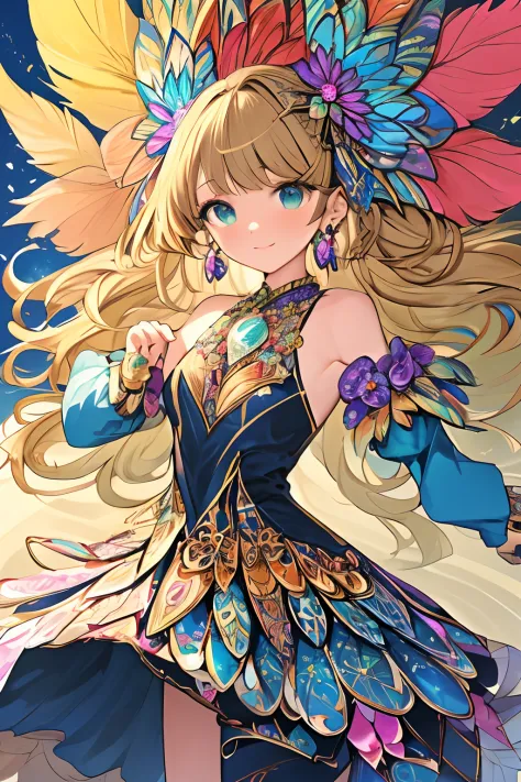 A girl with small breasts, bare shoulders, golden hair, colored feathers, metal ornaments, colored flowers, particles, light ray...