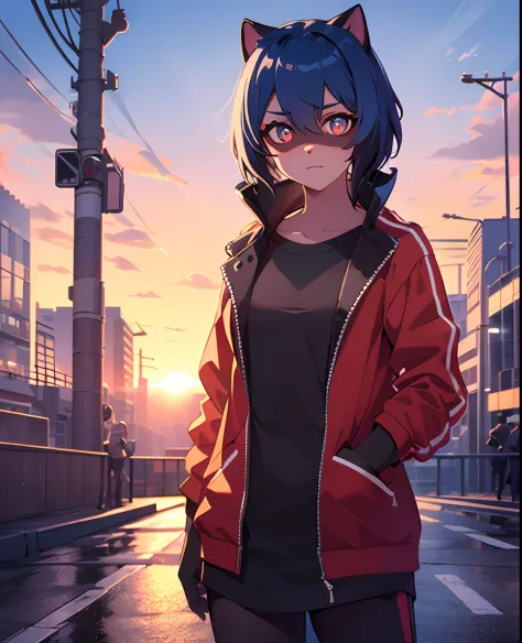 cyberpunk, portrait, black , red neon eyes, wearing stylish [black|red] clothes standing in a city, (sunrize:1.4), road, intricate, phototealistic