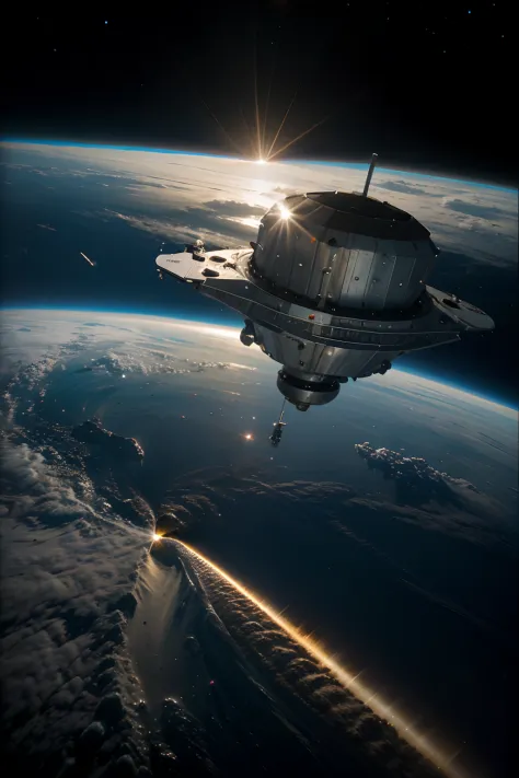 spaceship, viajando pelo sistema solar, ao lado do sol, asteroid belt