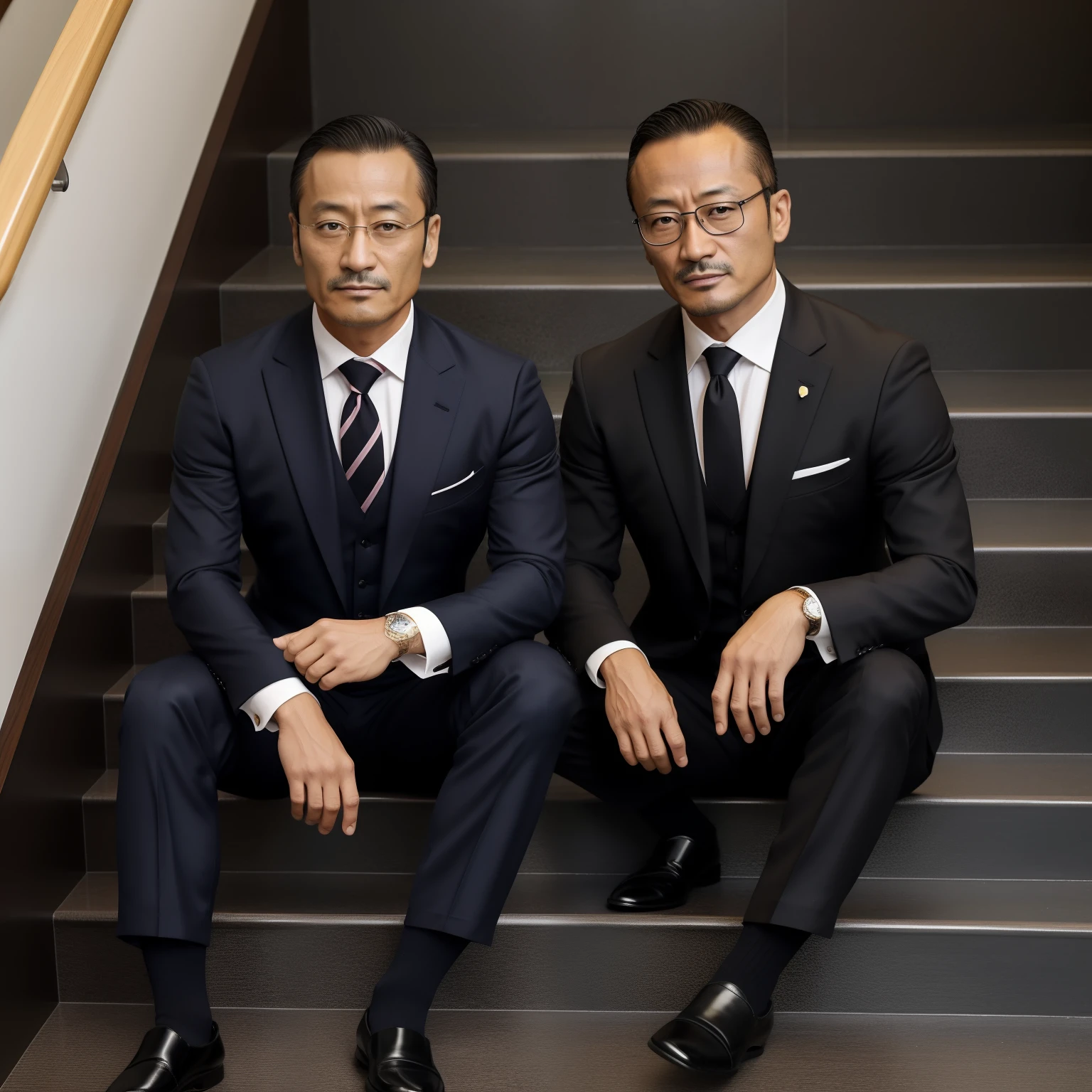 Two men in suits sitting on a set of stairs - SeaArt AI