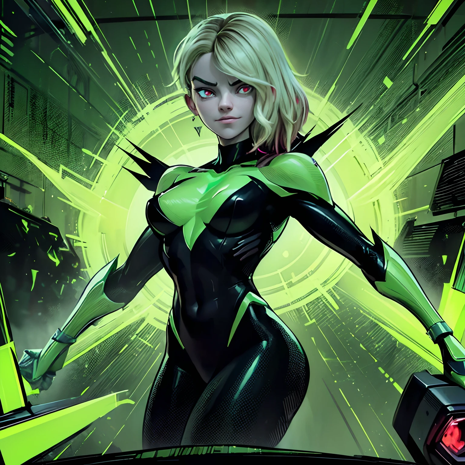 (mejor calidad,4k,8K,alta resolución,obra maestra:1.2),Gwen Stacy con armadura de Duende Verde de alta tecnología, ojos rojos, evil smiles,atmósfera misteriosa,Armadura de villano verde, emociones intensas, subidón de adrenalina,, Inspirado en el cómic, intense contrast, misterioso resplandor verde, dystopian setting, Armadura de alta tecnología