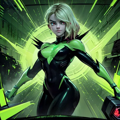 (best quality,4k,8k,highres,masterpiece:1.2),Gwen Stacy in high tech Green Goblin armor, red eyes, evil smiles,mysterious atmosp...