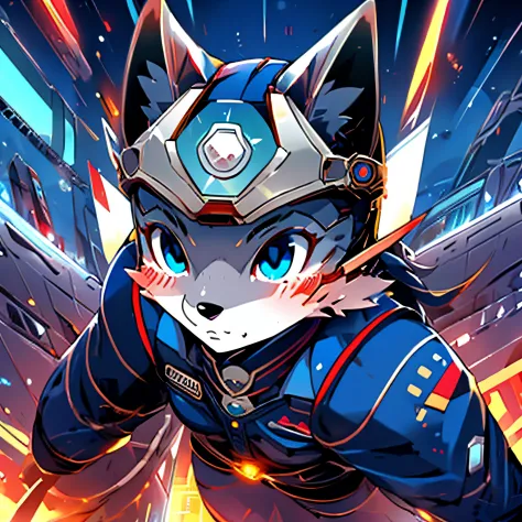 masutepiece, solo, 1girl in, furry, けもの, furry wolf, anthropomorphic, female, blue eyes, (silver fur, silver skin), sf uniforms,...