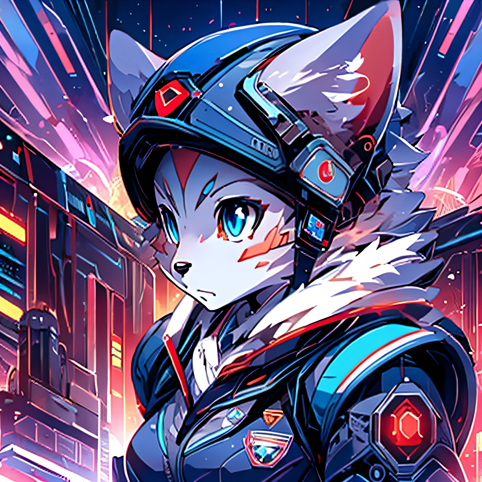 masutepiece, Solo, 1girl in, Furry, けもの, Furry Pomeranian, anthropomorphic, Female, Blue eyes, (Silver fur, silver skin), SF Uniforms, SF Metropolis, cyberpunked