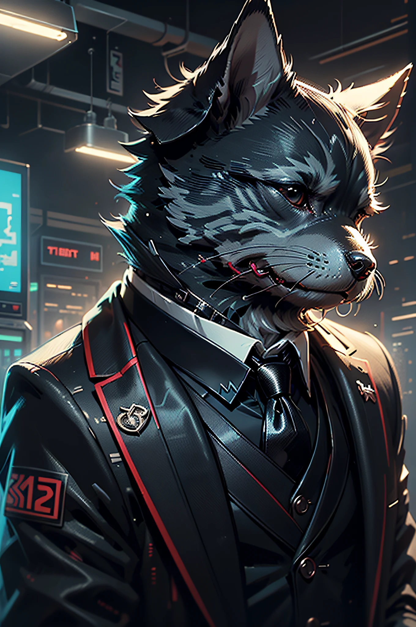 (Mann im schwarzen Anzug und Krawatte)Comicstrip、Anthropomorphic miniature schnauzer dog、cyberpunked