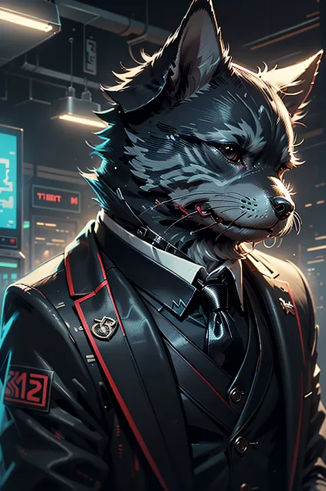 (Man in black suit and tie)comic strip、Anthropomorphic miniature schnauzer dog、cyberpunked