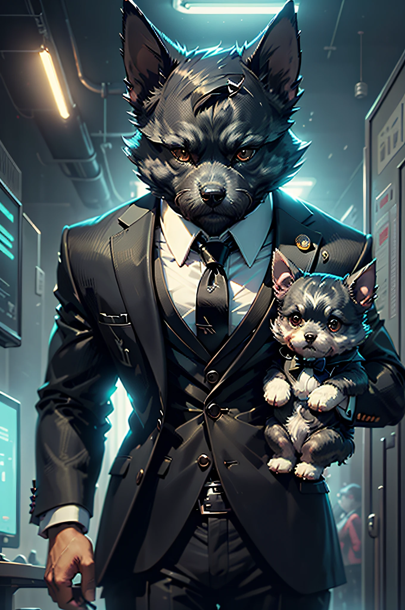 (黒いスーツとネクタイを着た男性)コミックストリップ、擬人化されたミニチュアシュナウザー犬、サイバーパンク