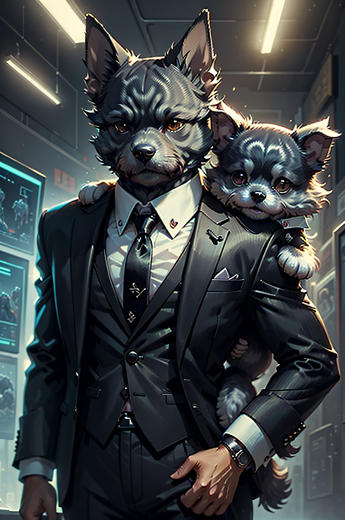(Man in black suit and tie)comic strip、Anthropomorphic miniature schnauzer dog、cyberpunked