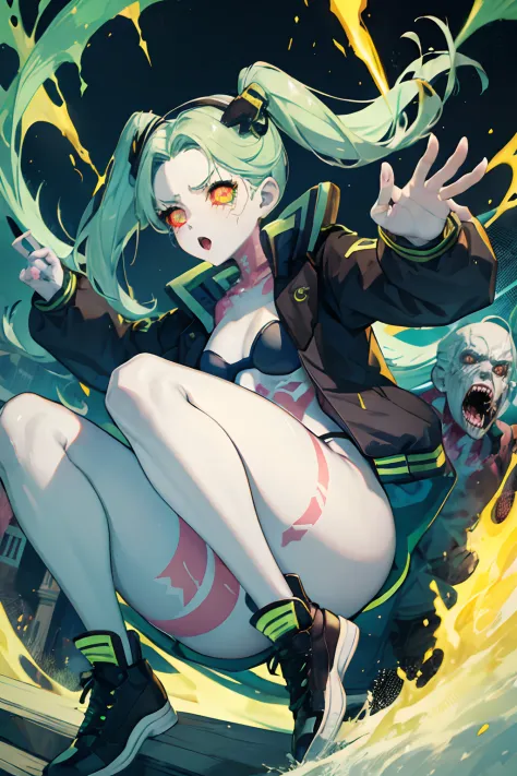 Rebecca, 1girl, green hair, white skin, twintails, colored sclera, red sclera, bra, panties, black jacket, artificial eye, black sneakers, perfect anatomy, solo, zombie, multiple boys, crowd, glowing eyes, undead, horror \(theme\), masterpiece, best qualit...