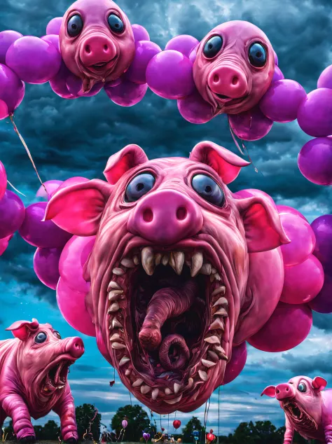 realistic photo of a huge (ab0m) piglets, balloons, tentacles terrifying clouds night, scary many eyes, surreal, vibrant colors, detailed high resolution 8k high saturation